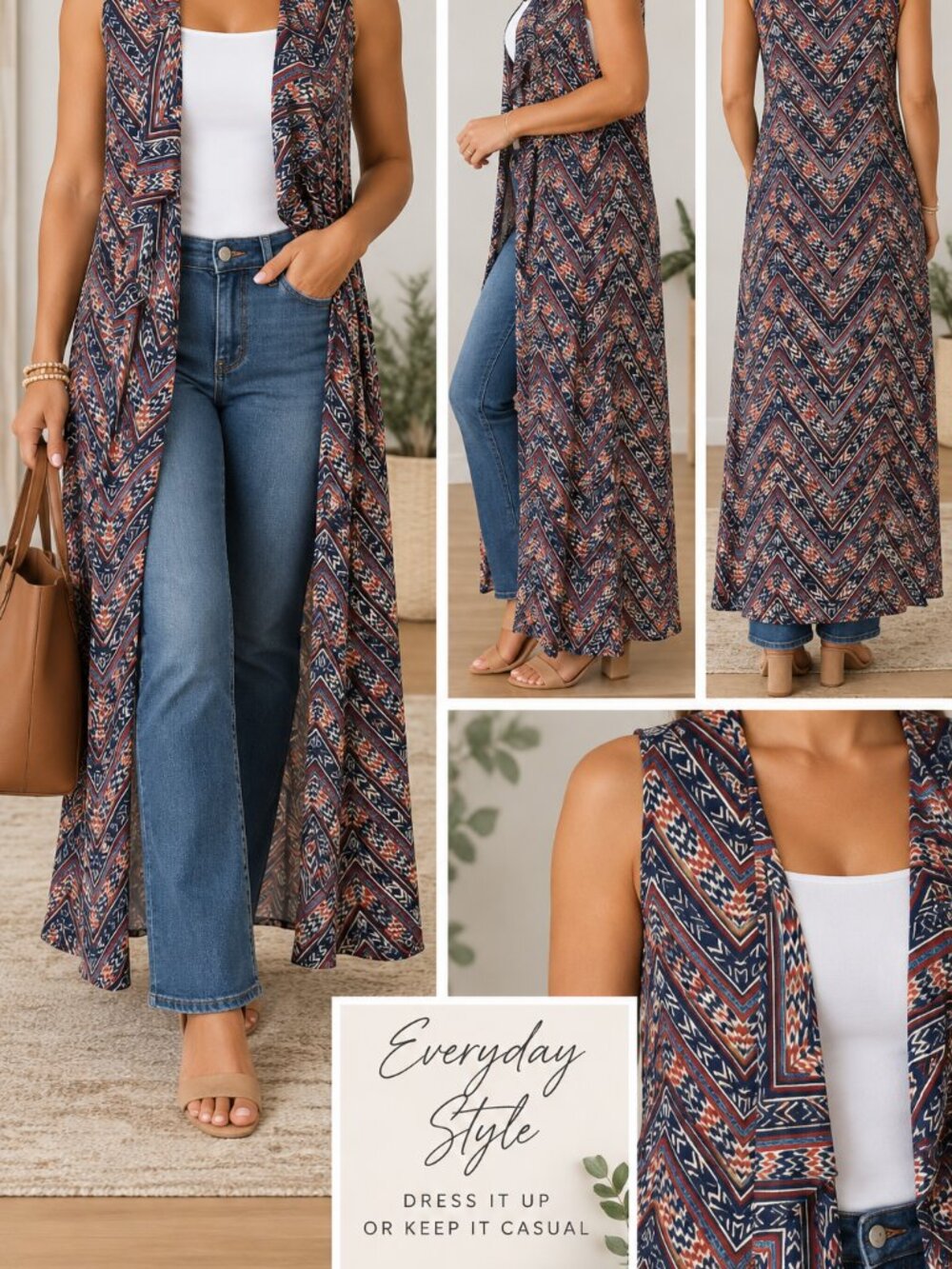Wrangler Navy & Coral Chevron Open Front Maxi Duster Vest Southwestern